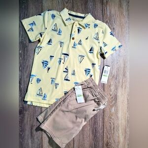 Nautica Yellow and Navy Print Sailboat Polo Shirt and Tan Shorts Set Size 4T